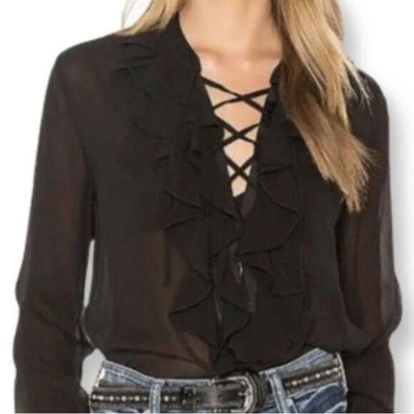 Theory Black Ruffled Lace Up Silk Chiffon Blouse - Picture 4 of 6